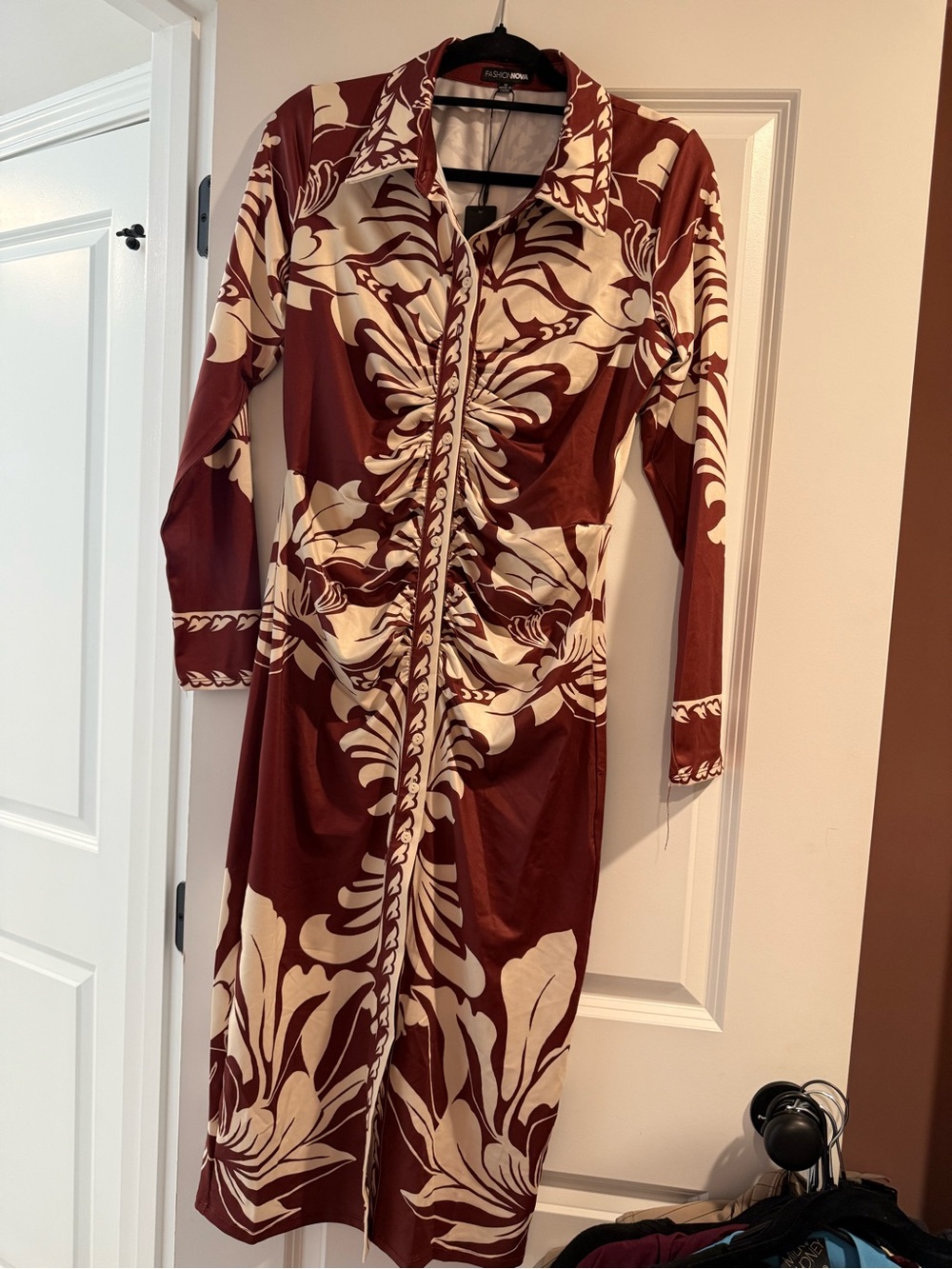 Fashion Nova Burgundy and Cream Floral Button-Front Maxi Dress